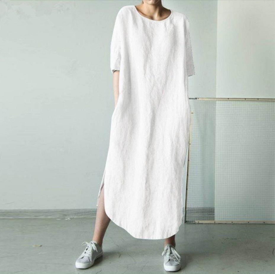 Round Neck Half Sleeve Solid Color Side Slit Mid Calf Cotton Linen Dress For Women