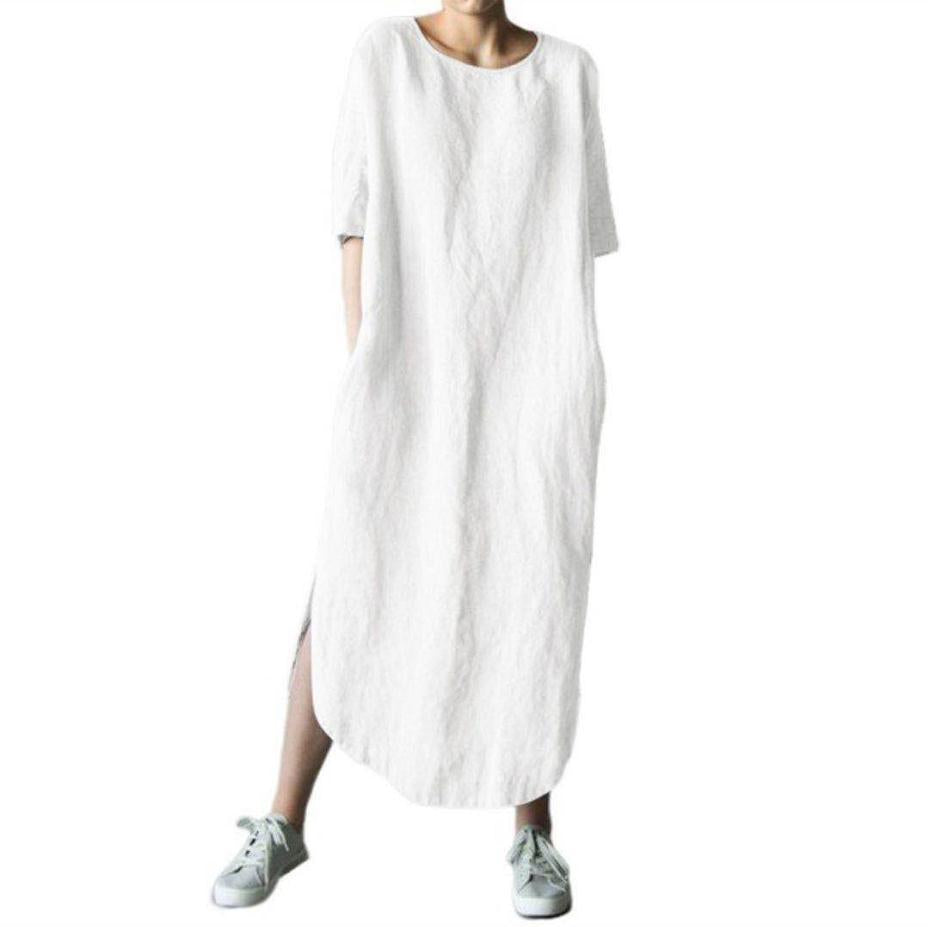 Round Neck Half Sleeve Solid Color Side Slit Mid Calf Cotton Linen Dress For Women