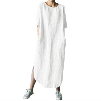 Round Neck Half Sleeve Solid Color Side Slit Mid Calf Cotton Linen Dress For Women