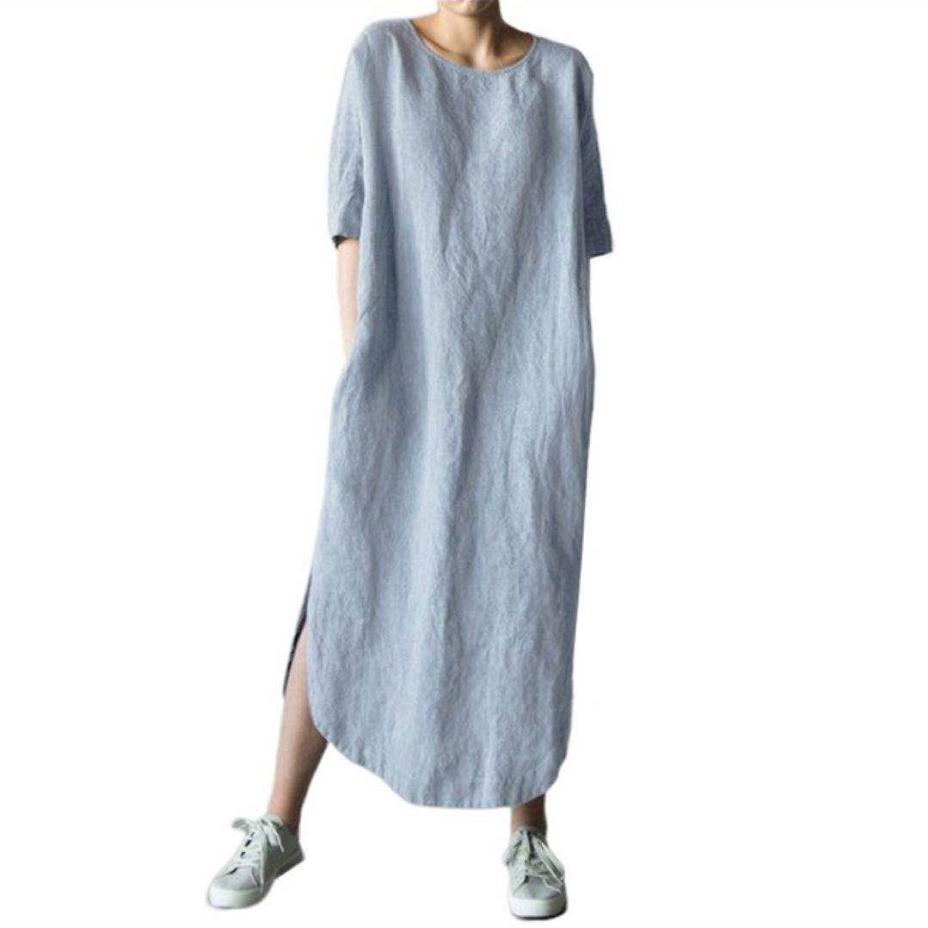 Round Neck Half Sleeve Solid Color Side Slit Mid Calf Cotton Linen Dress For Women