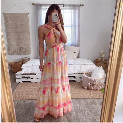 Summer New Women'S Gradient Deep V Multi-Rope Hanging Neck Stitching Irregular Dress