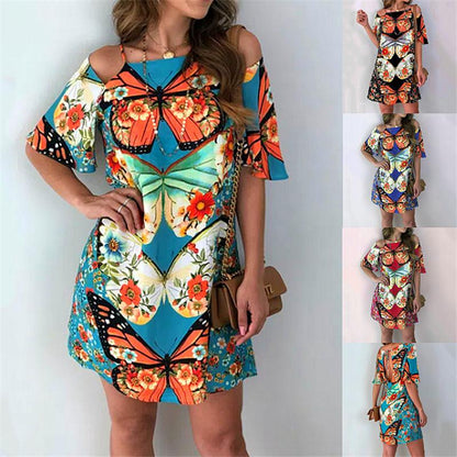 Fashion Women'S Butterfly Print Back Sexy Hollow Lace Short Sleeve Dress