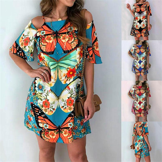 Fashion Women'S Butterfly Print Back Sexy Hollow Lace Short Sleeve Dress