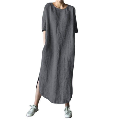 Round Neck Half Sleeve Solid Color Side Slit Mid Calf Cotton Linen Dress For Women