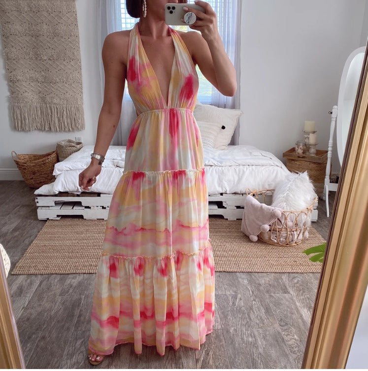 Summer New Women'S Gradient Deep V Multi-Rope Hanging Neck Stitching Irregular Dress