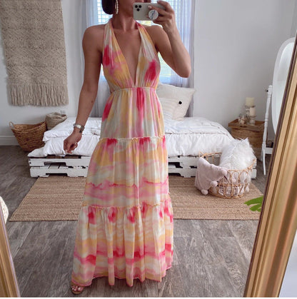 Summer New Women'S Gradient Deep V Multi-Rope Hanging Neck Stitching Irregular Dress