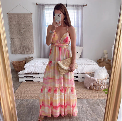 Summer New Women'S Gradient Deep V Multi-Rope Hanging Neck Stitching Irregular Dress