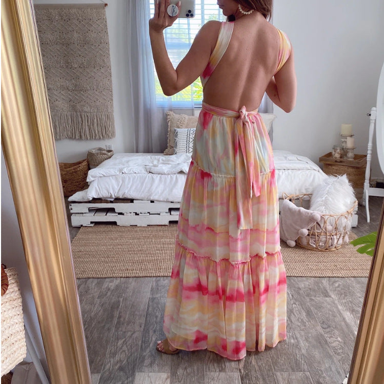 Summer New Women'S Gradient Deep V Multi-Rope Hanging Neck Stitching Irregular Dress