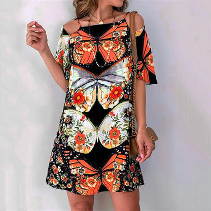 Fashion Women'S Butterfly Print Back Sexy Hollow Lace Short Sleeve Dress