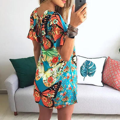 Fashion Women'S Butterfly Print Back Sexy Hollow Lace Short Sleeve Dress