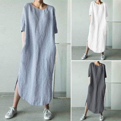 Round Neck Half Sleeve Solid Color Side Slit Mid Calf Cotton Linen Dress For Women