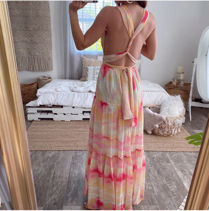 Summer New Women'S Gradient Deep V Multi-Rope Hanging Neck Stitching Irregular Dress