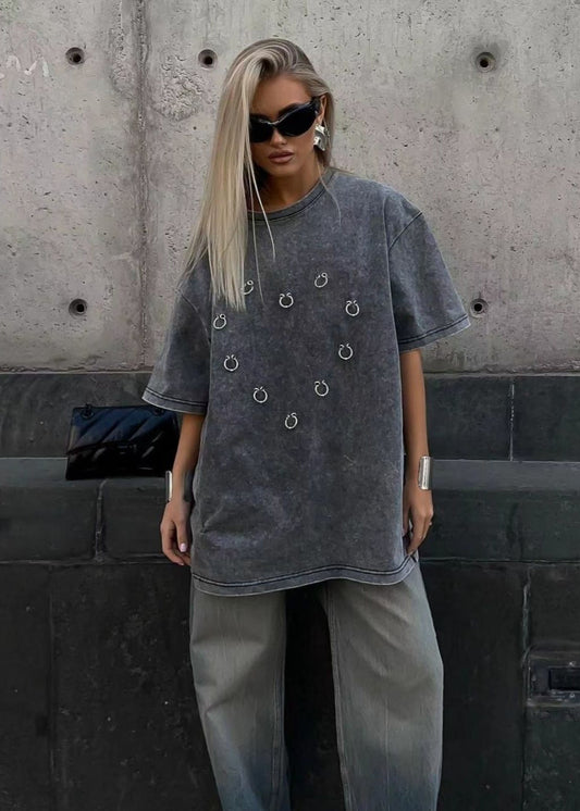 Oversized Cotton Tee With Metallic Ring Accents
