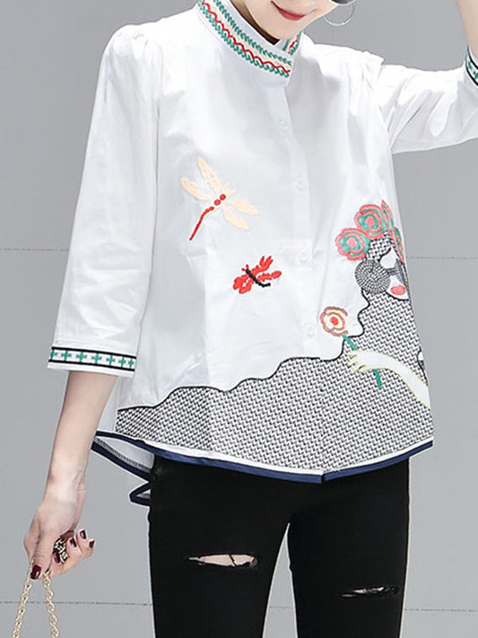 High-Low Loose Contrast Color Embroidered Printed Blouses&Shirts Tops