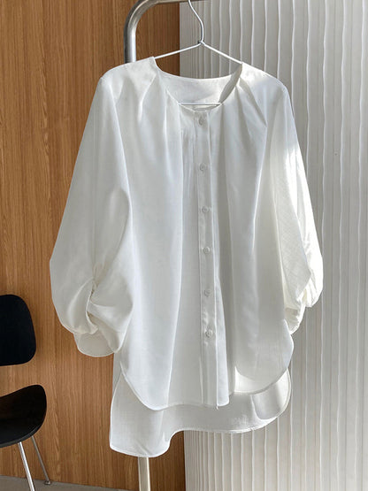 High-Low Loose Pleated See-Through Solid Color Split-Joint Round-Neck Blouses