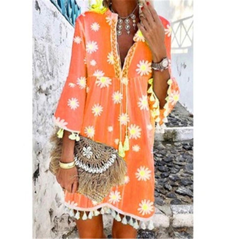 Summer New Style Printed Daisy Ruffled Fringed V-Neck Dress