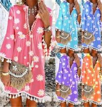 Summer New Style Printed Daisy Ruffled Fringed V-Neck Dress