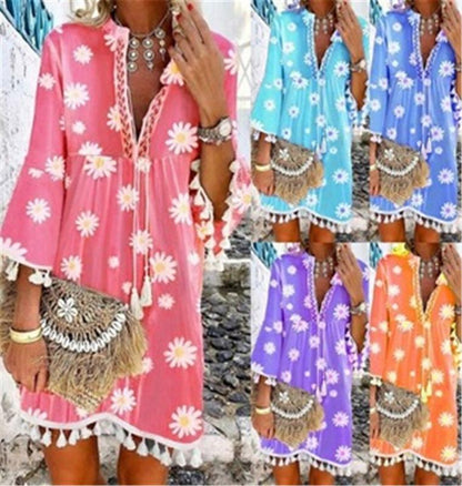 Summer New Style Printed Daisy Ruffled Fringed V-Neck Dress