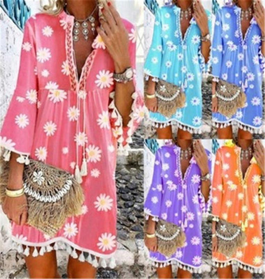 Summer New Style Printed Daisy Ruffled Fringed V-Neck Dress