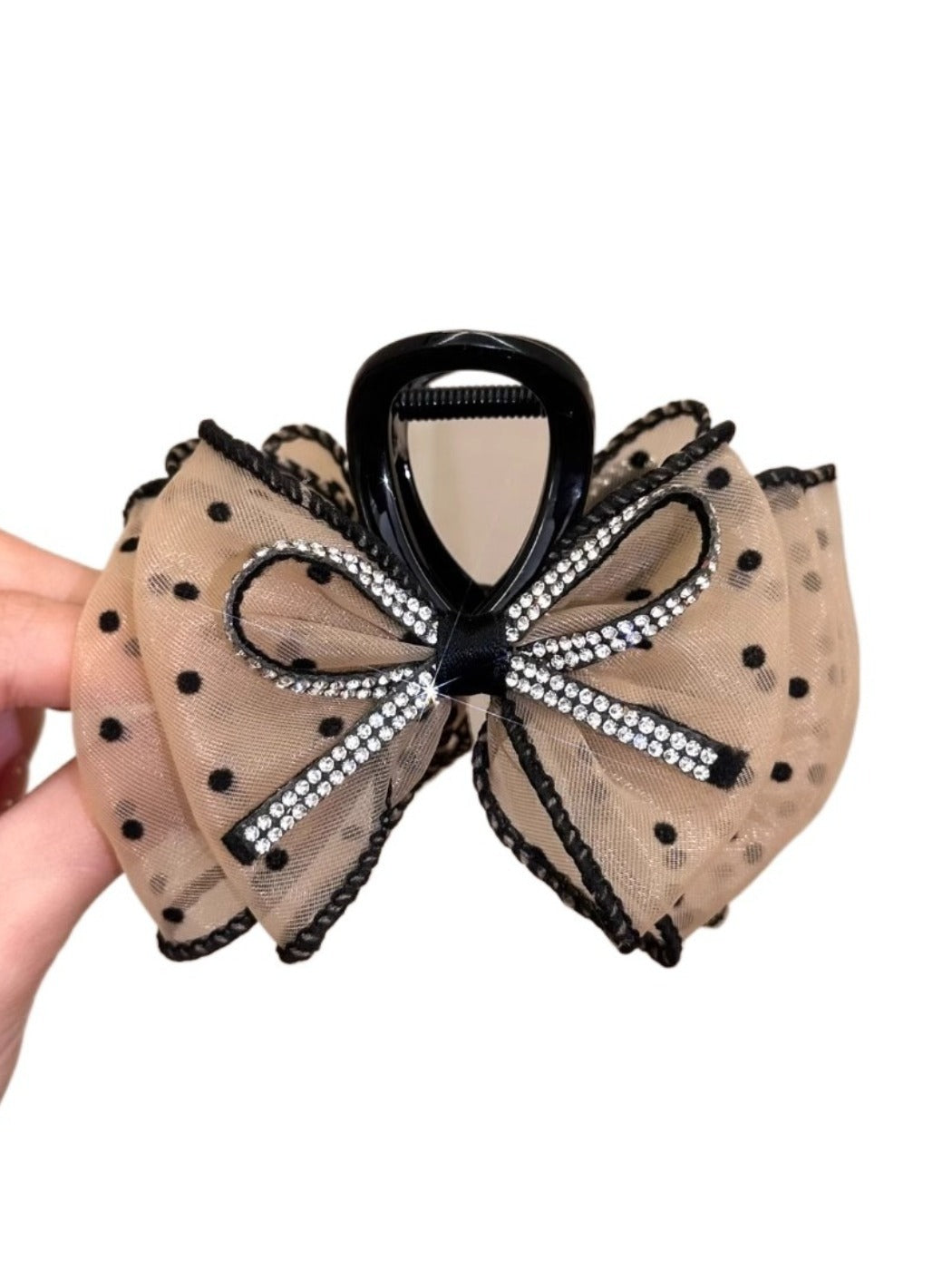 Clio - Dark-Tone Tulle Polka Dot Bow Hair Claw