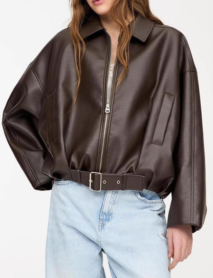 Loose Drop Shoulder Leather Jacket
