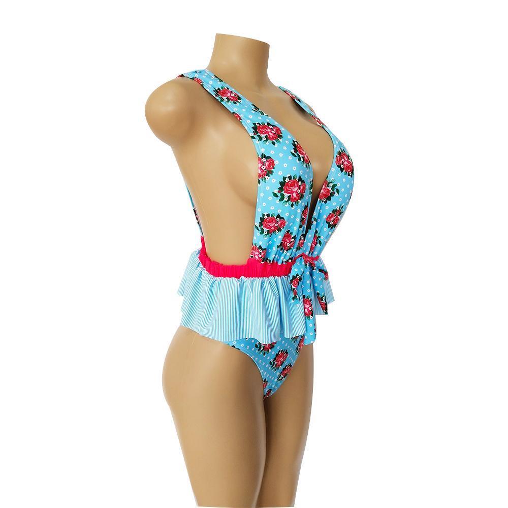 Ruffled Waist Print V-Neck Bow Ins Style One Piece Swimsuit