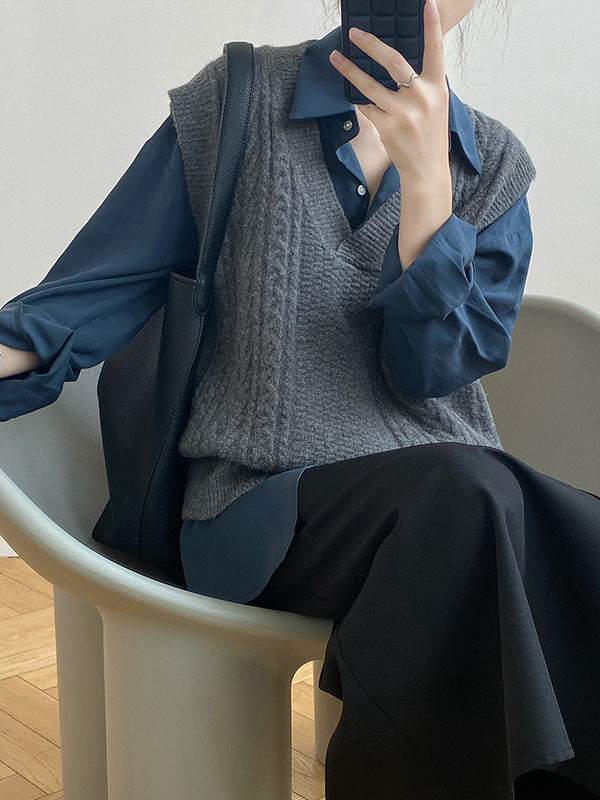 Casual Loose Sleeveless Jacquard Solid Color V-Neck Sweater Vest Outerwear