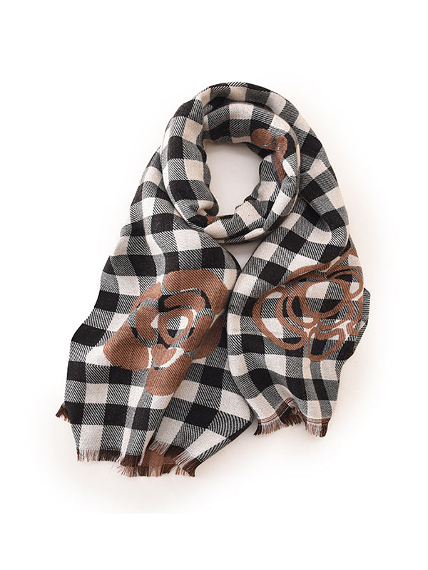 Fringed Keep Warm Knitted Flower Plaid Shawl&Scarf