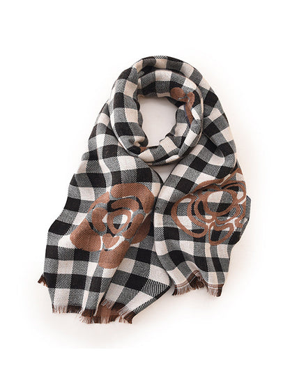 Fringed Keep Warm Knitted Flower Plaid Shawl&Scarf