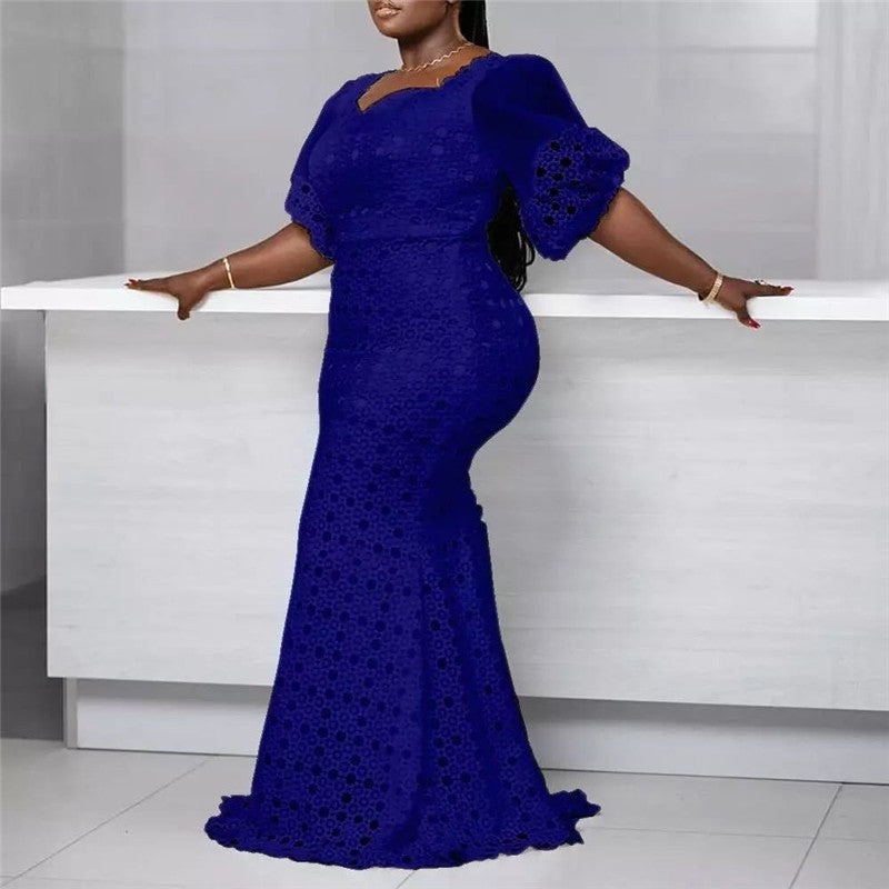 Solid Color Bubble Sleeve Hollow Out Bodycon Jumpsuit Dress