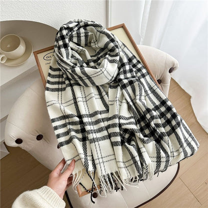 Color Block Plaid Fringe Scarf