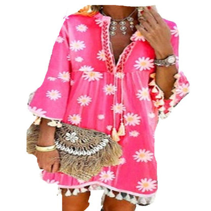 Summer New Style Printed Daisy Ruffled Fringed V-Neck Dress