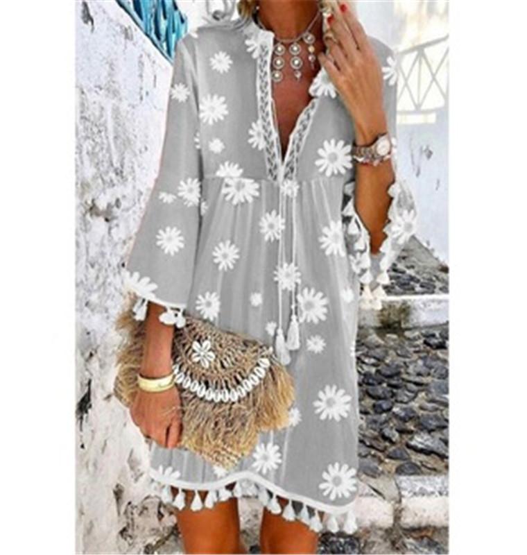 Summer New Style Printed Daisy Ruffled Fringed V-Neck Dress