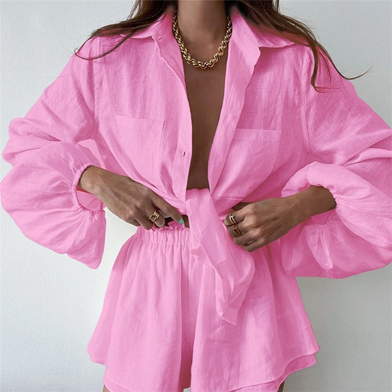 Solid Color Long Sleeve Top With Ruffle Hem Shorts Set