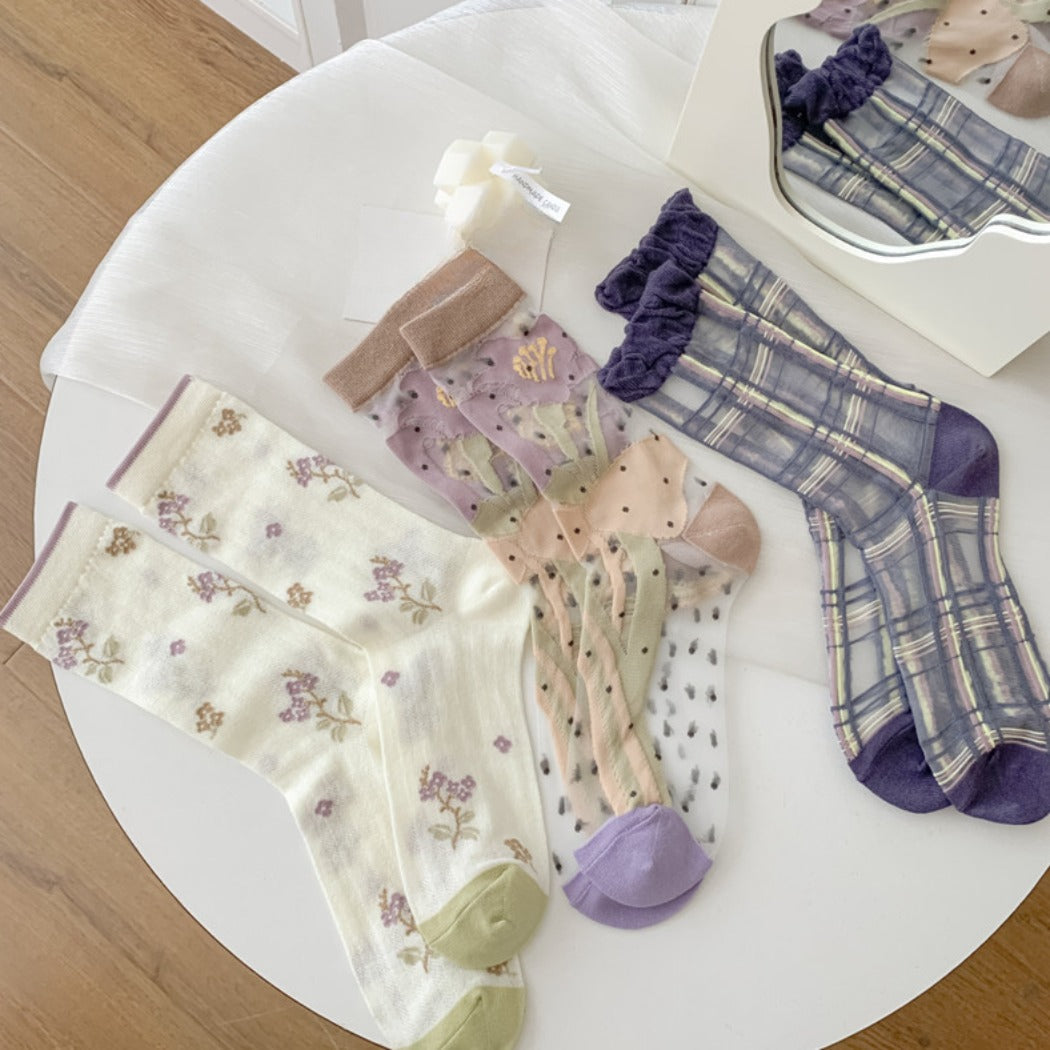 Rufia - Vintage Sheer Quarter Socks With Floral Or Plaid