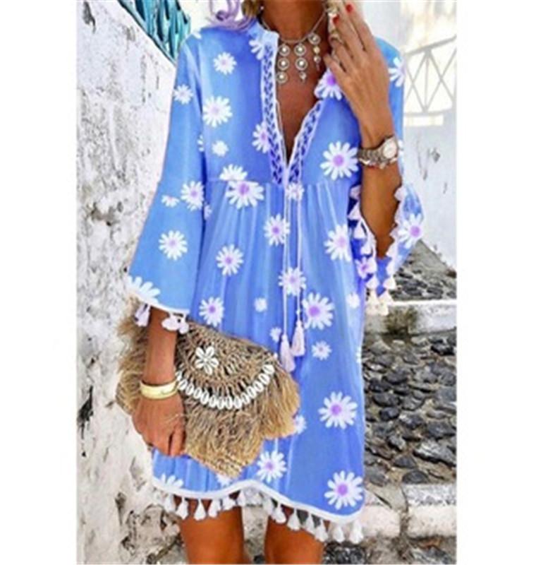 Summer New Style Printed Daisy Ruffled Fringed V-Neck Dress