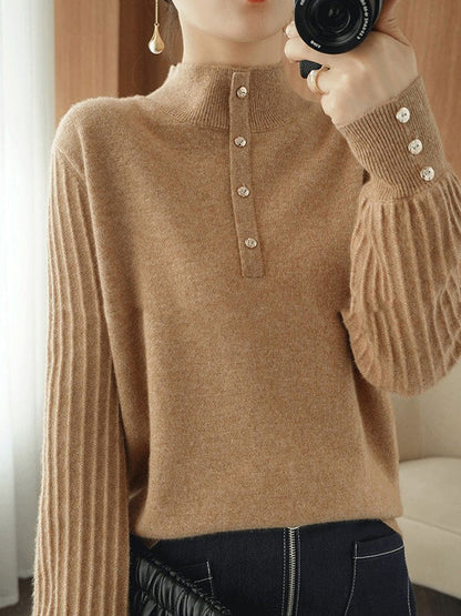 Casual Puff Sleeves Long Sleeves Solid Color Half Turtleneck Sweater Tops
