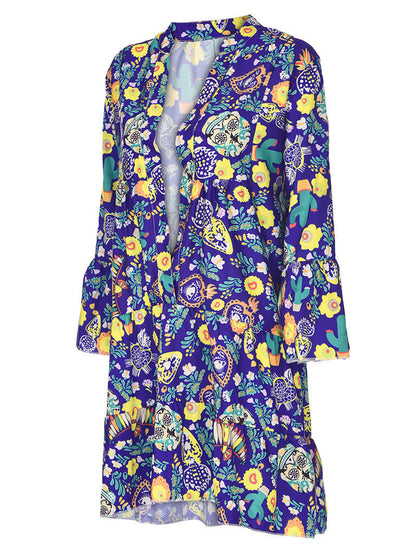 Women'S Dresses Plus Size Loose Print Long Sleeve V-Collar Button Mini Dress