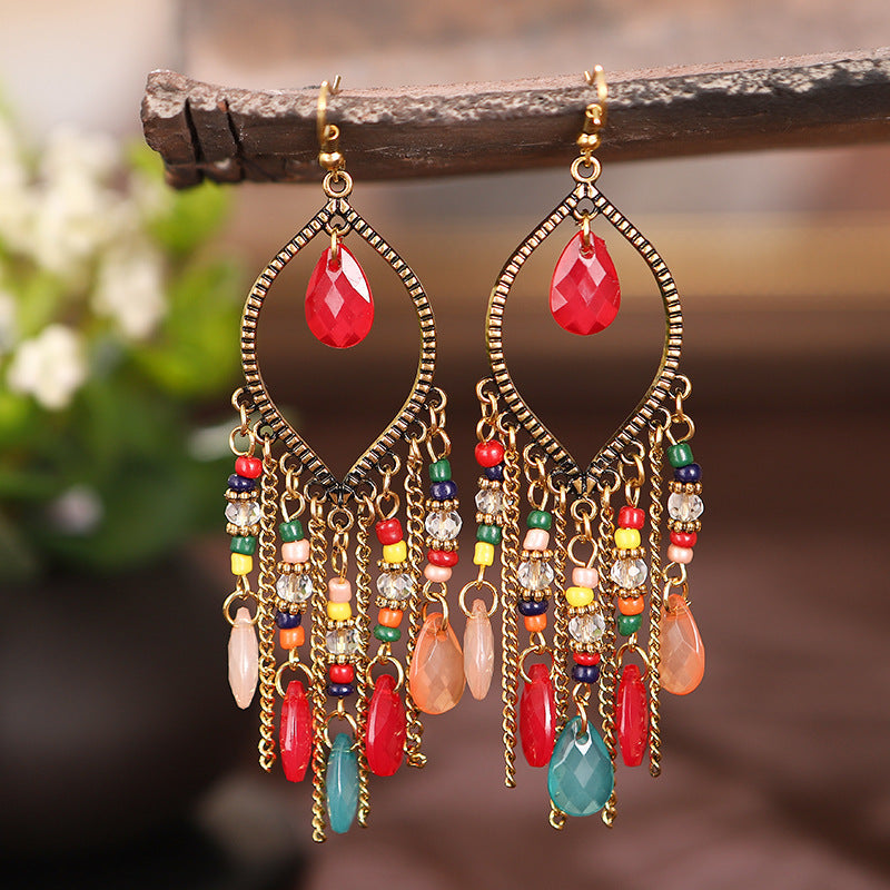 Antique Gold-Plated Long Fringed Earrings For Women Vintage Waterdrop Bohemian Chain Earrings