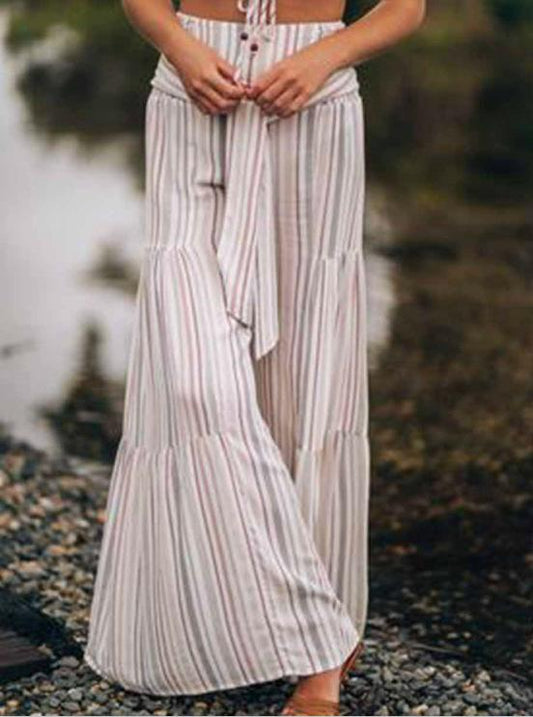 New Lace-Up Striped Print Stitching Wide-Leg Flared Trousers