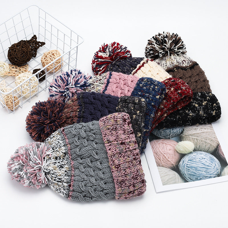 Cute Contrast Color Sweet Knit Pom Beanie