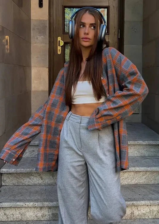 Plaid Shirt Cotton Relaxed Fit With Lapels