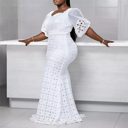 Solid Color Bubble Sleeve Hollow Out Bodycon Jumpsuit Dress