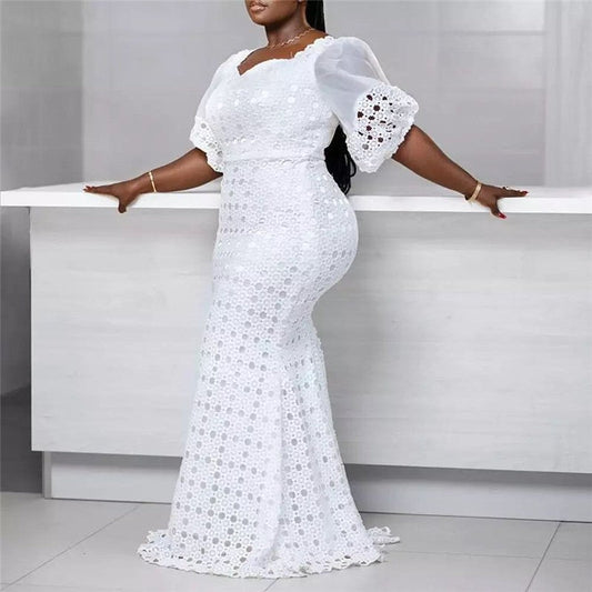 Solid Color Bubble Sleeve Hollow Out Bodycon Jumpsuit Dress