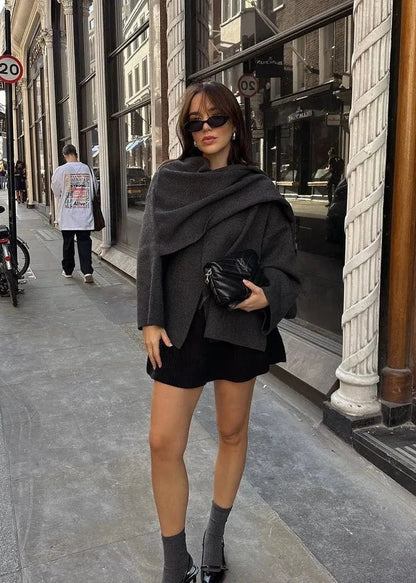 Knit Cardigan Coat With Asymmetric Scarf Design