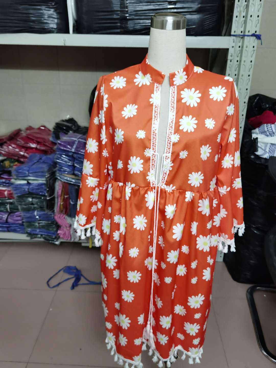 Summer New Style Printed Daisy Ruffled Fringed V-Neck Dress