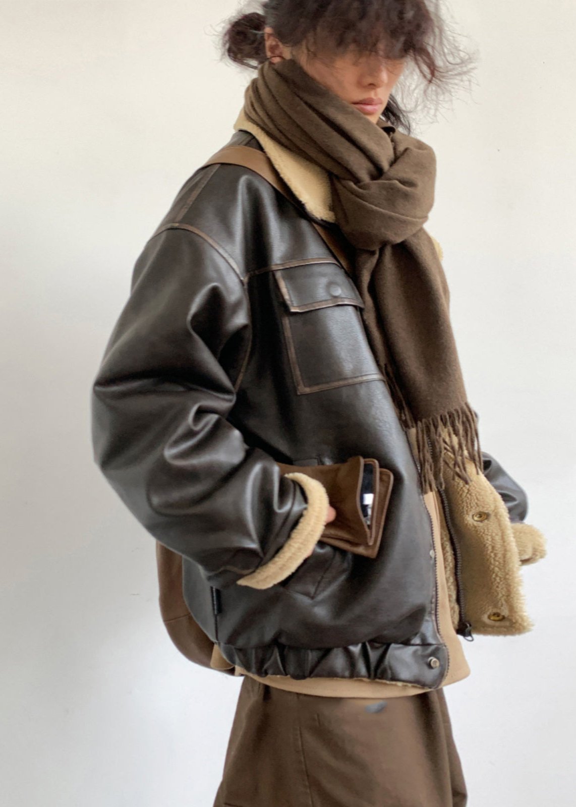 Leather Jacket With Lamb Fur Lining And Oversized Fit