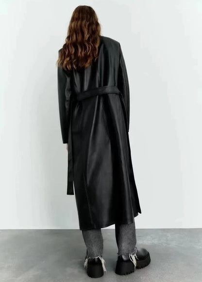 Long Leather Wind Coat With Belted Waist