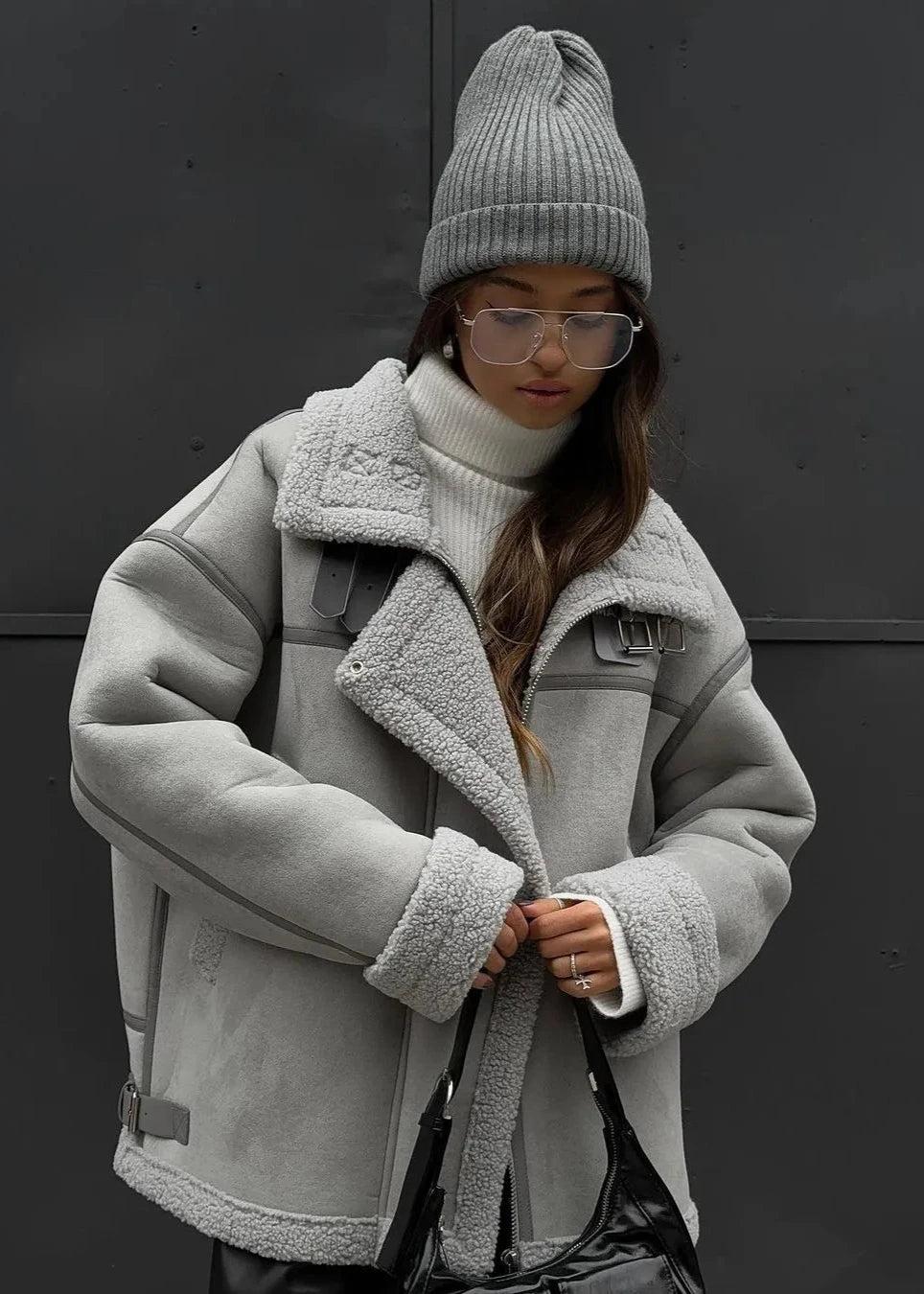 Shearling Aviator Jacket With Buckle Accents