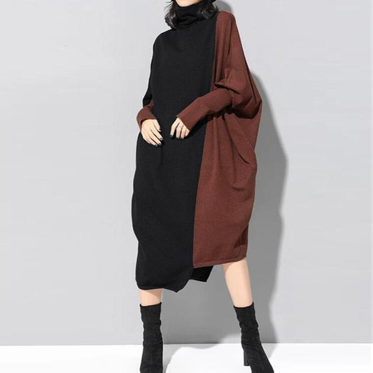 Star'S Same Ol Temperament Women'S Clothing Collage Knitted Medium Length Skirt Long Sleeve High Neck Dress